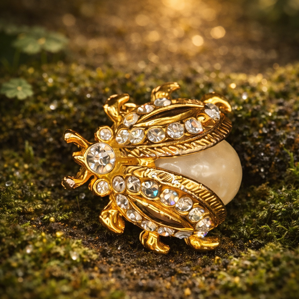 Gold Tone Rhinestone Beetle Brooch With Faux Pearl Body