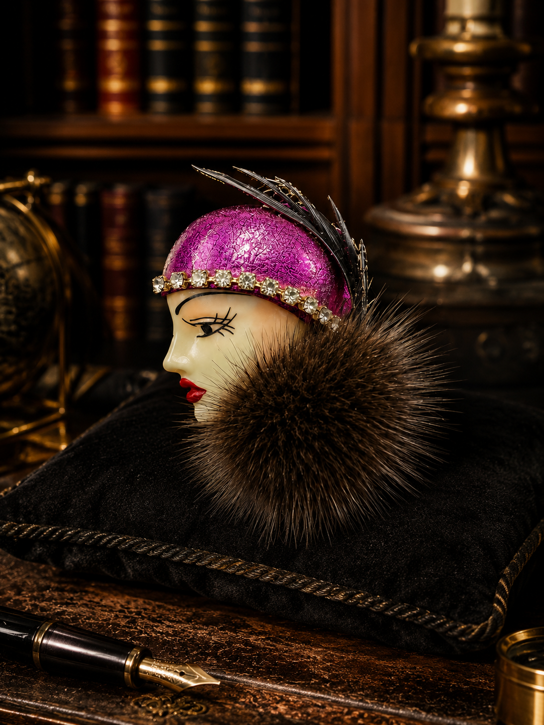 Flapper lady brooch with magenta hat, rhinestone band, feather and fur-style collar