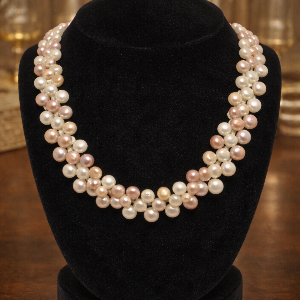 Multi-strand pink and white button pearl cluster necklace