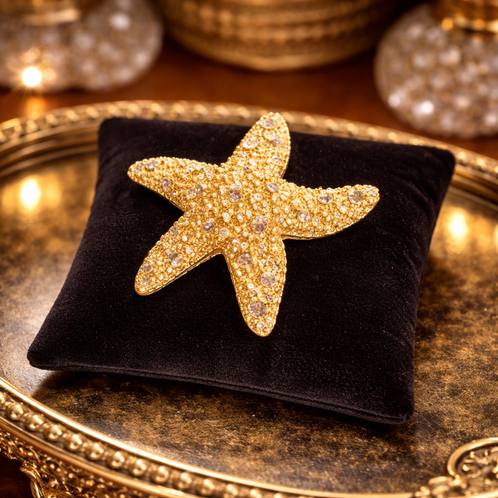 Gold-tone five-arm starfish brooch with textured surface and clear pavé crystals
