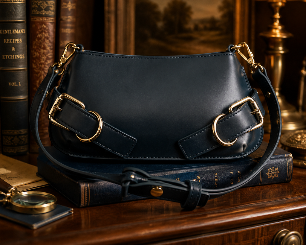 Deep Teal Leather Shoulder Bag with Gold Tone Buckle Detail
