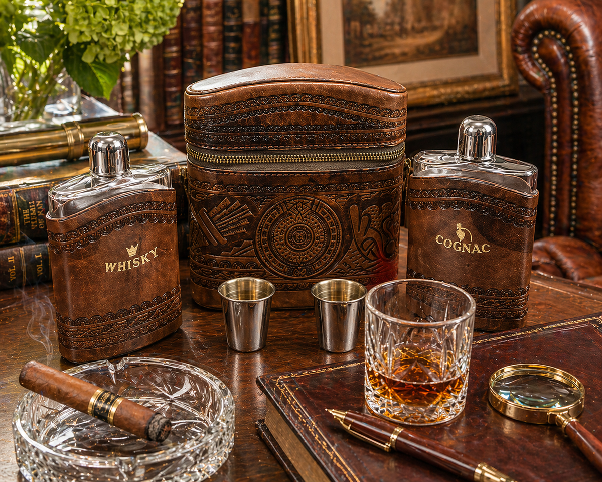 Leather Flask Set with Whisky and Cognac Bottles, Travel Bar Kit with Case & Cups