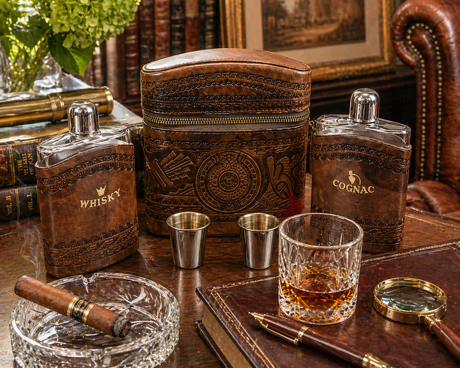 Leather Flask Set with Whisky and Cognac Bottles, Travel Bar Kit with Case & Cups