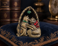 Signed JJ Jonette Jewelry Brooch Antique Gold Tone Figural Two Cats Kissing Mistletoe Enamel Accent Pin