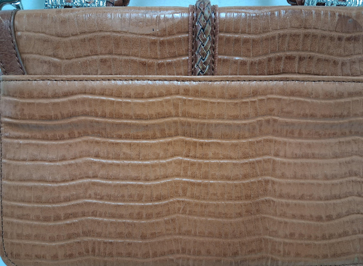 Brown embossed faux leather flap handbag with braided front detail and heart accent, view 5