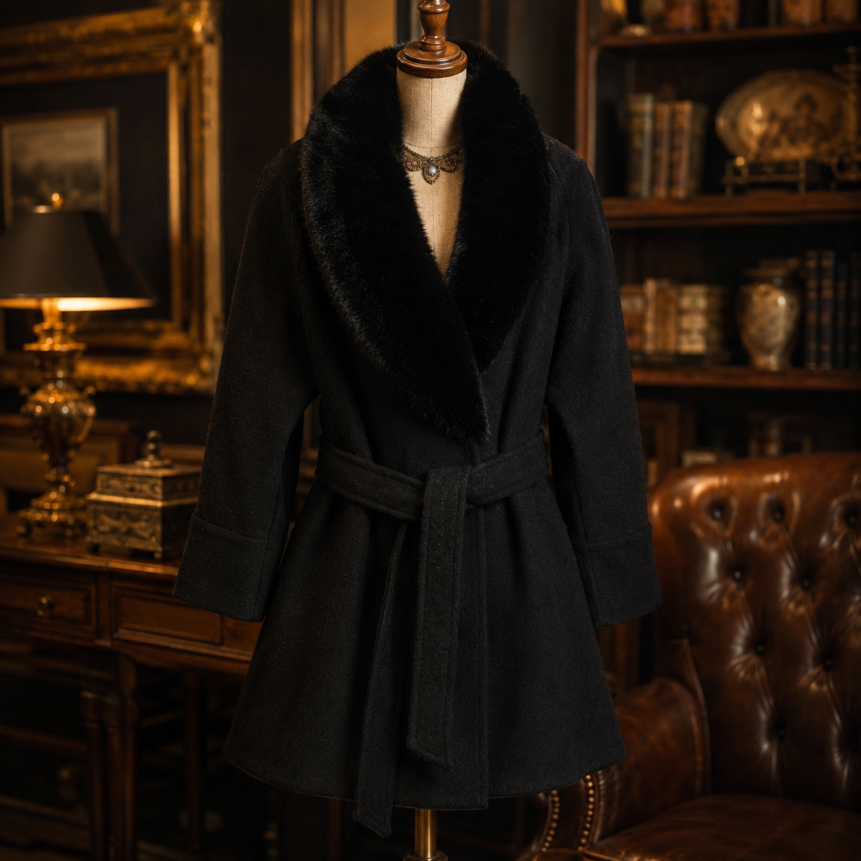 Christian Siriano Black Wool Blend Coat Size L | Faux Fur Collar Belted Evening Coat