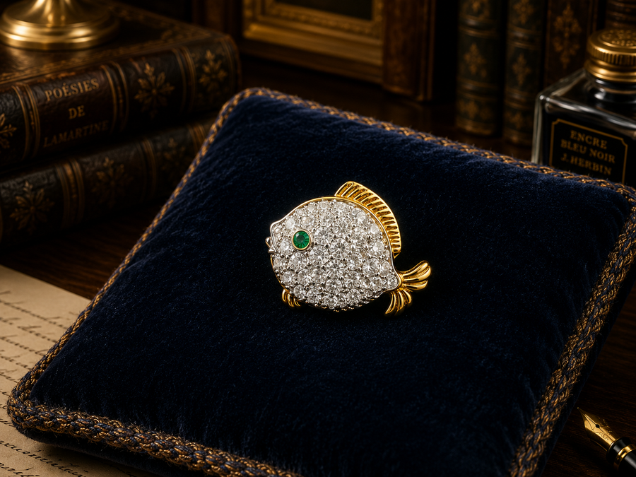 Signed Swarovski crystal pave fish brooch with green crystal eye