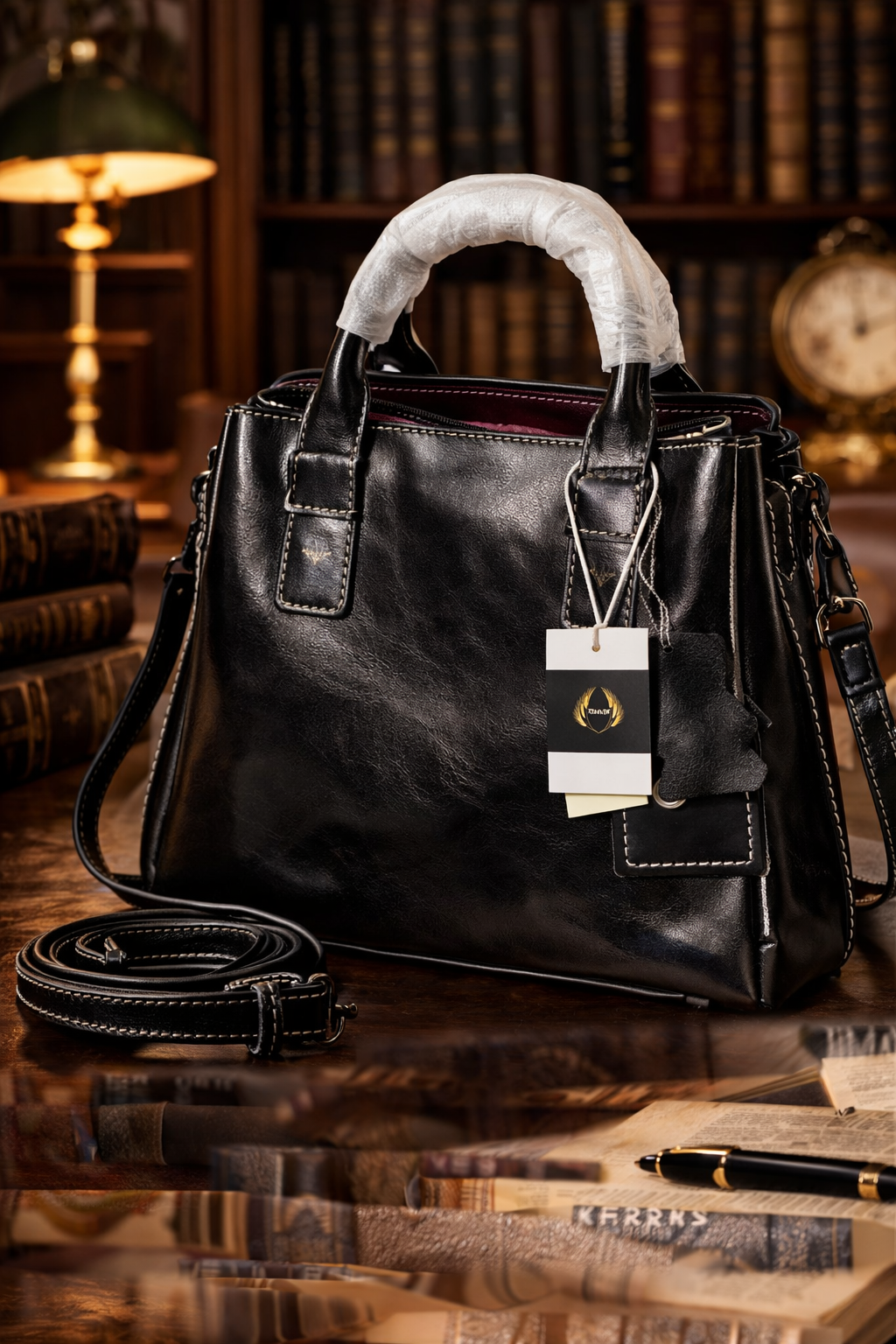 Black leather structured satchel tote with top handles and crossbody strap