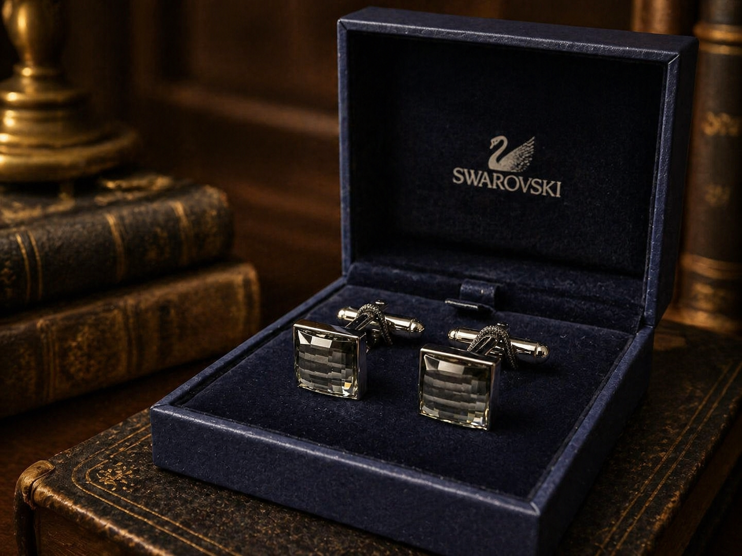 Swarovski Crystal Cufflinks Silver Tone Square Men's Jewelry with Original Box