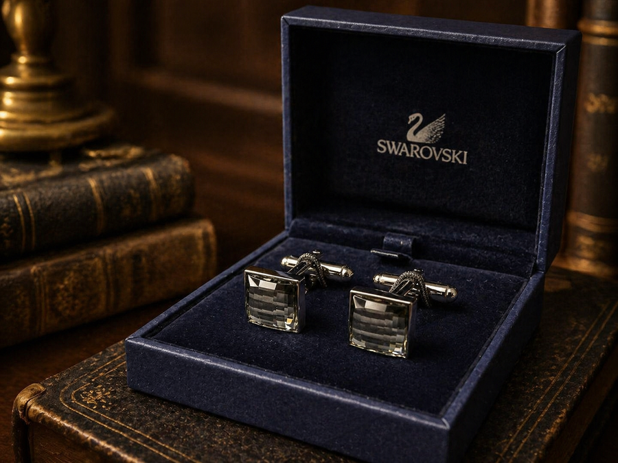 Swarovski silver-tone square crystal cufflinks with original box