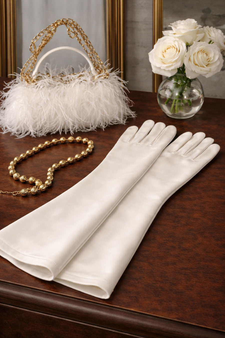 White opera length dress gloves laid flat