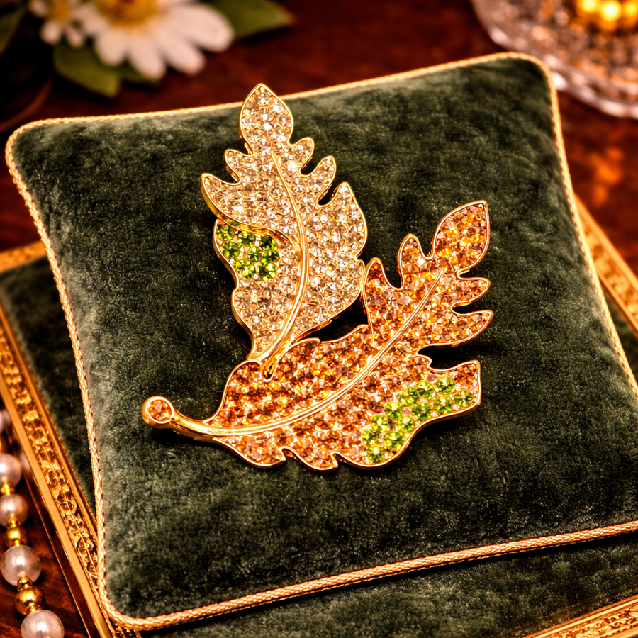 KJL Kenneth Jay Lane gold-tone leaf brooch with orange and green rhinestones