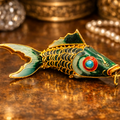 Large Cloisonné Articulated Fish Pendant Green Enamel Gold Tone Wirework Statement Necklace Charm
