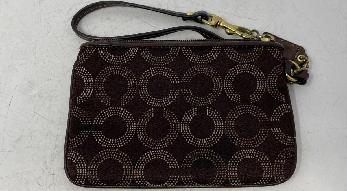 Coach brown op art signature dots zip top wristlet wallet with front logo plaque, view 6