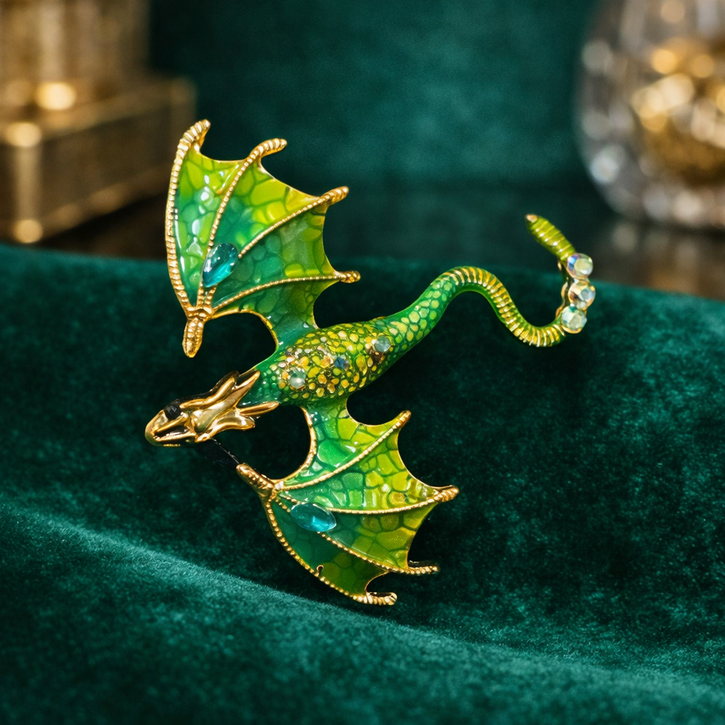 Gold-tone flying dragon brooch with green enamel wings and clear rhinestones