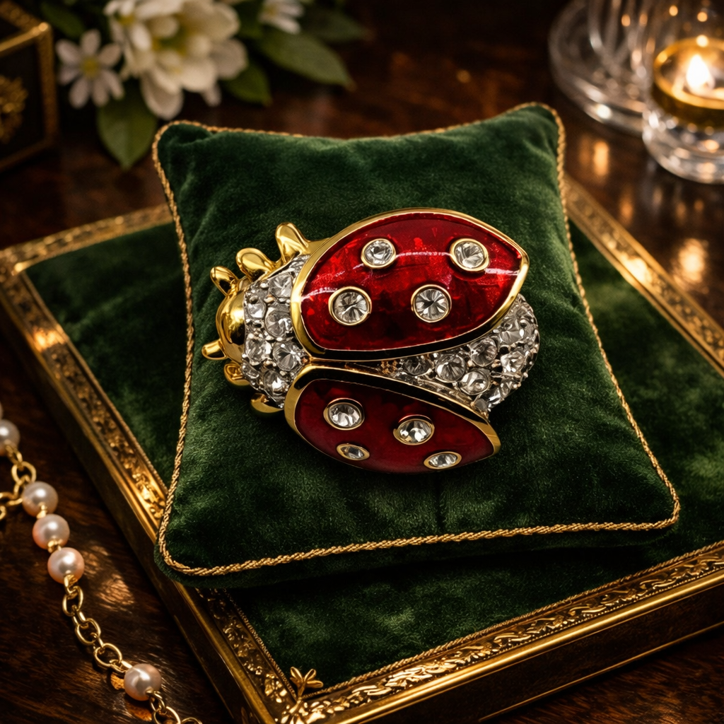 Swarovski Crystal Ladybug Brooch Gold Tone Red Enamel Wings Clear Pavé Figural Pin