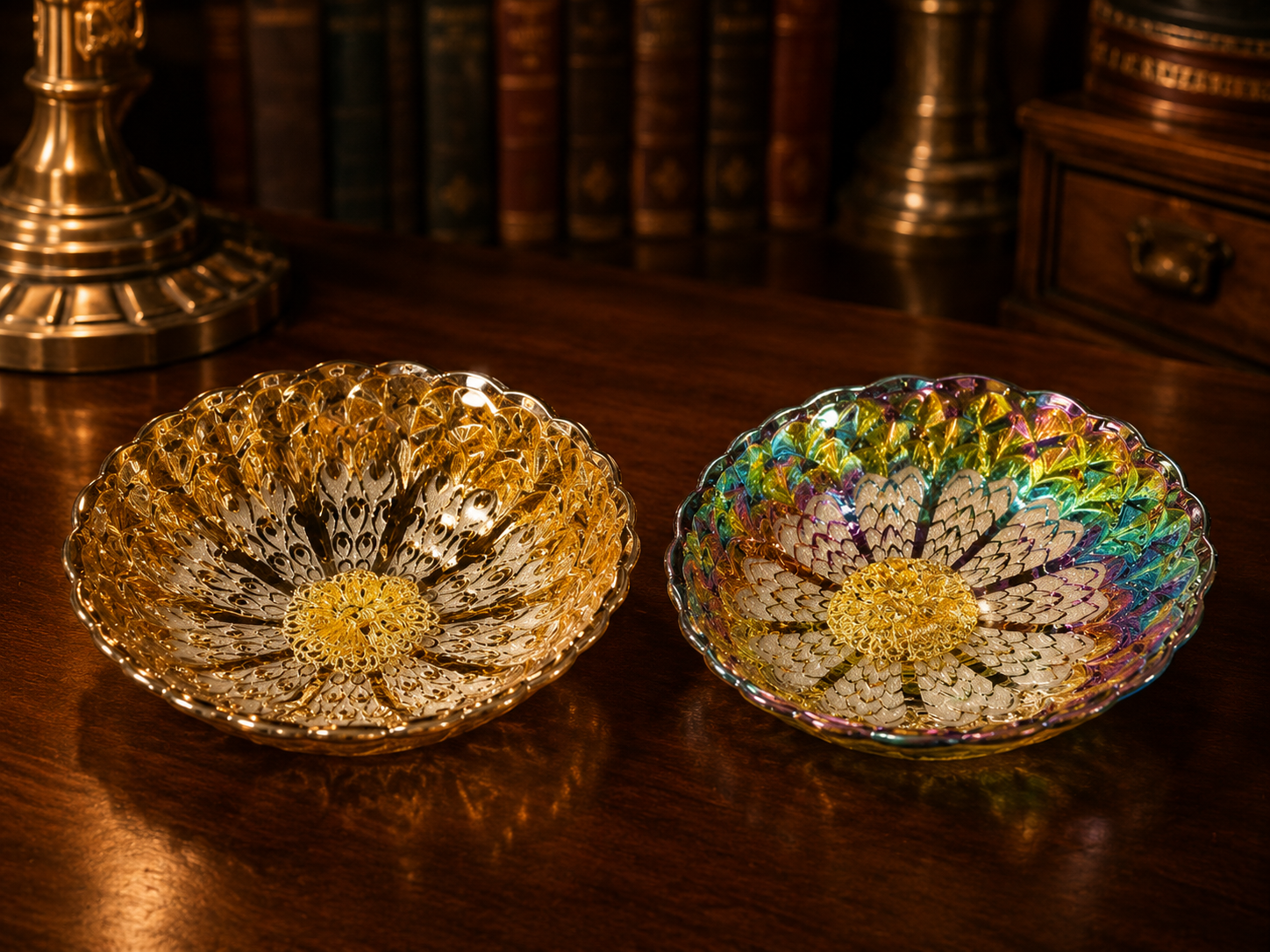 Peacock Gold Silver Multicolor Ceramic Cup Set of 2 in Box | 3.5" Decorative Trinket Bowls