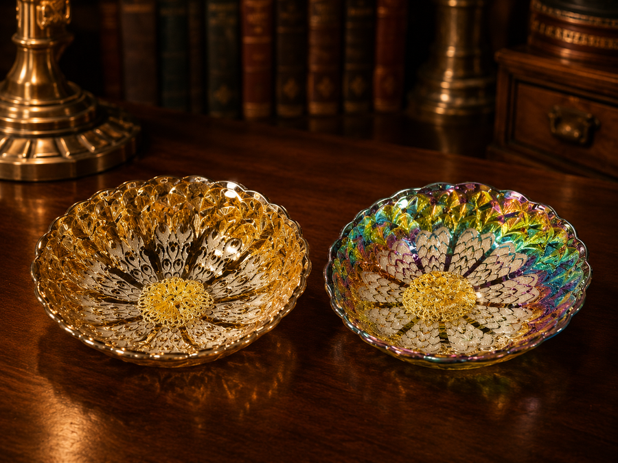 Two small peacock-style gold, silver and multicolor metallic ceramic cups in decorative box