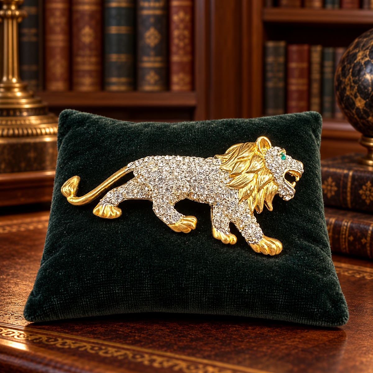Gold-tone striding lion brooch with clear crystal body and green eye