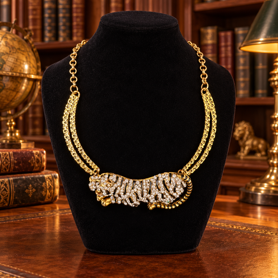 Amrita Singh gold-tone tiger statement necklace with enamel and rhinestone centerpiece