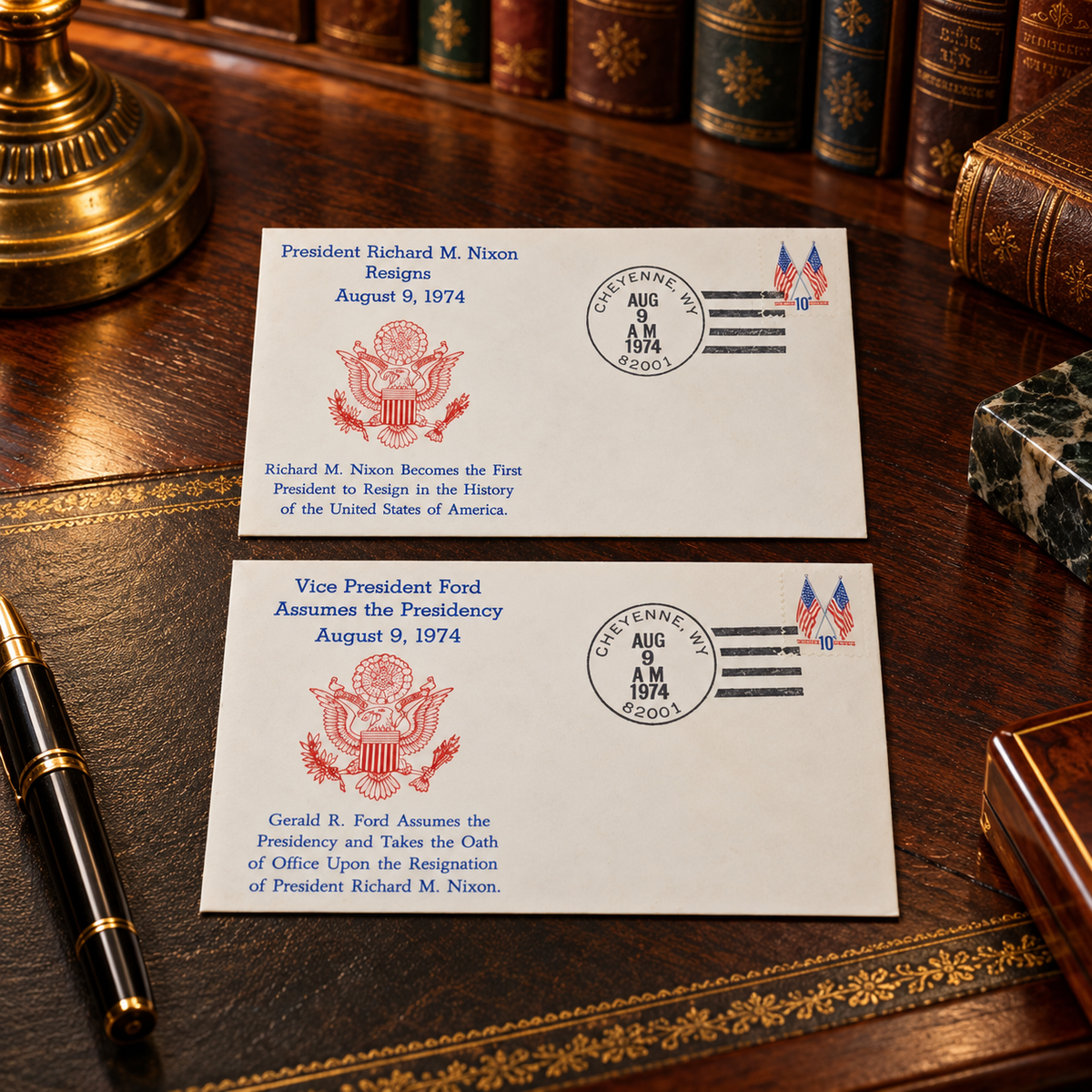 Two first day covers for the Nixon resignation and Ford succession, August 9, 1974