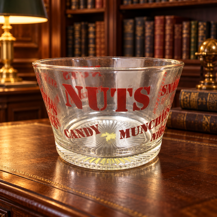 Clear glass snack bowl with red NUTS CANDY MUNCHIES CHIPS lettering and starburst base