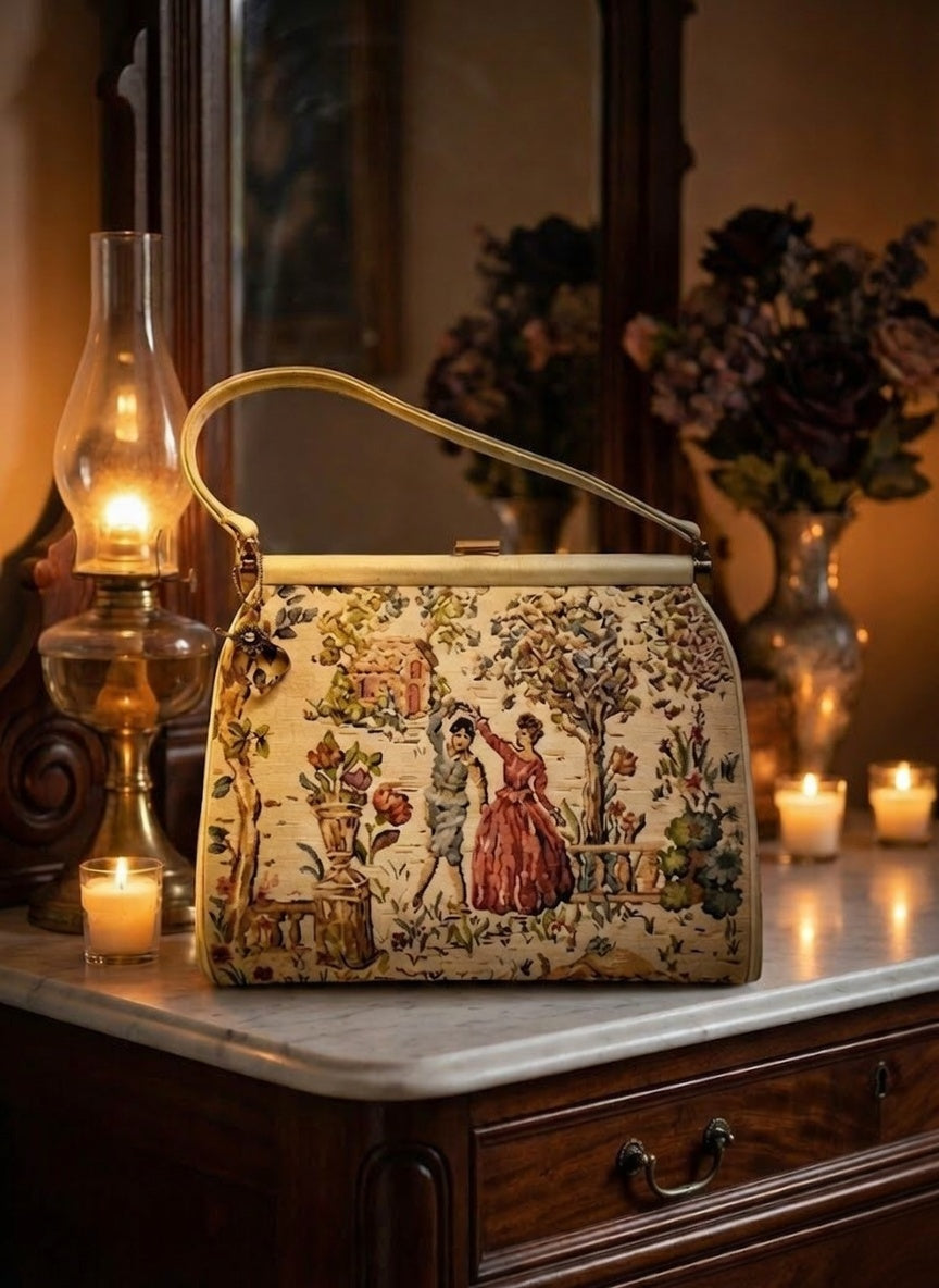 Multicolor scenic tapestry top handle handbag with frame closure and matching coin purse