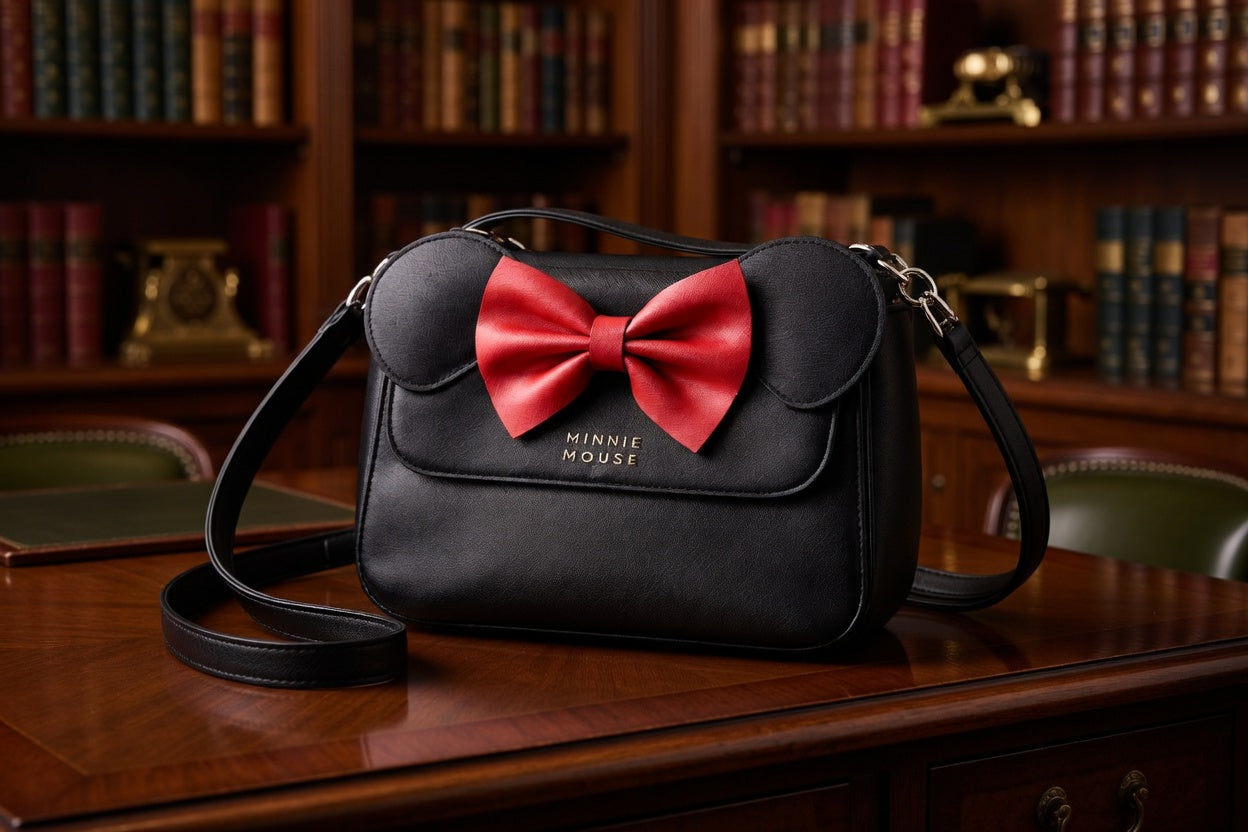 Disney Loungefly Minnie Mouse Black Crossbody Handbag with Red Bow