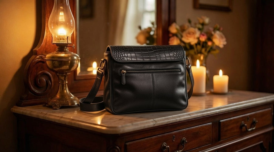 Black pebbled leather foldover crossbody bag with front zip pocket and adjustable strap