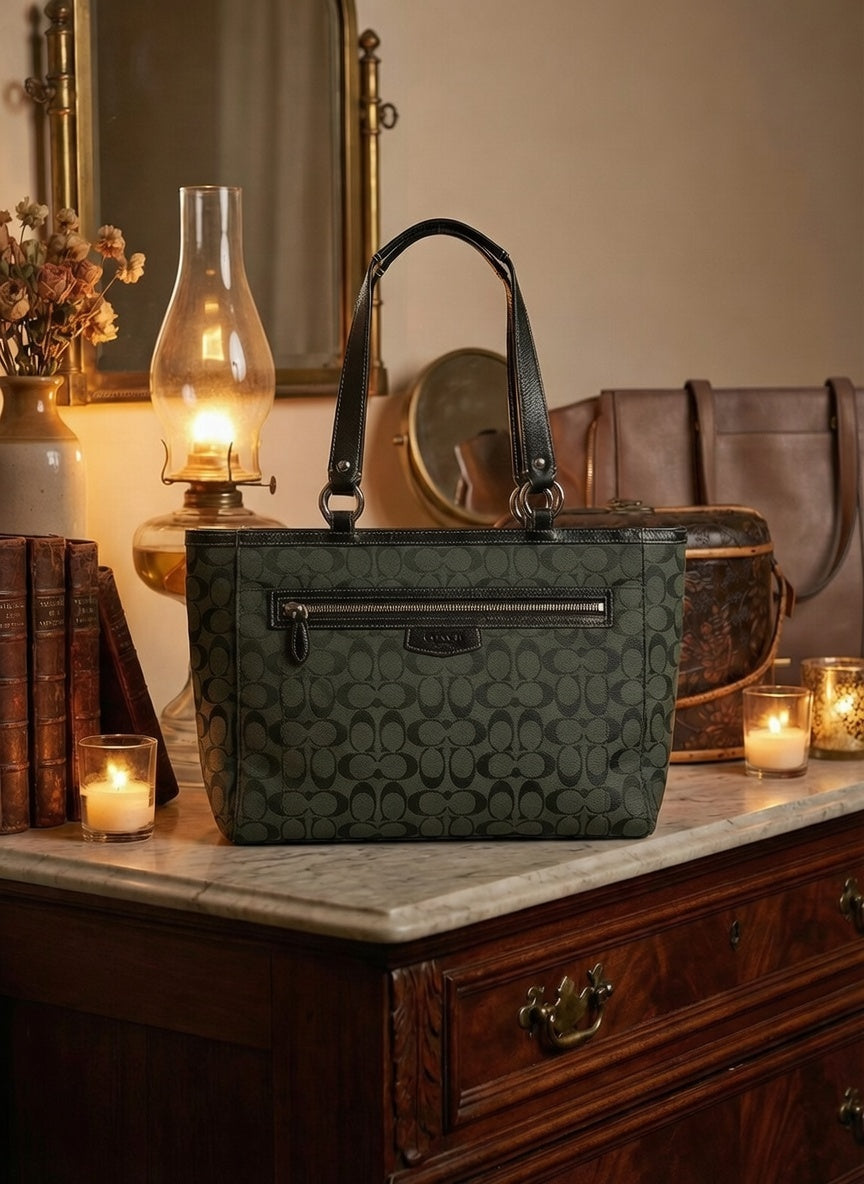 Coach hunter green signature pattern gallery tote with zip pocket and shoulder straps
