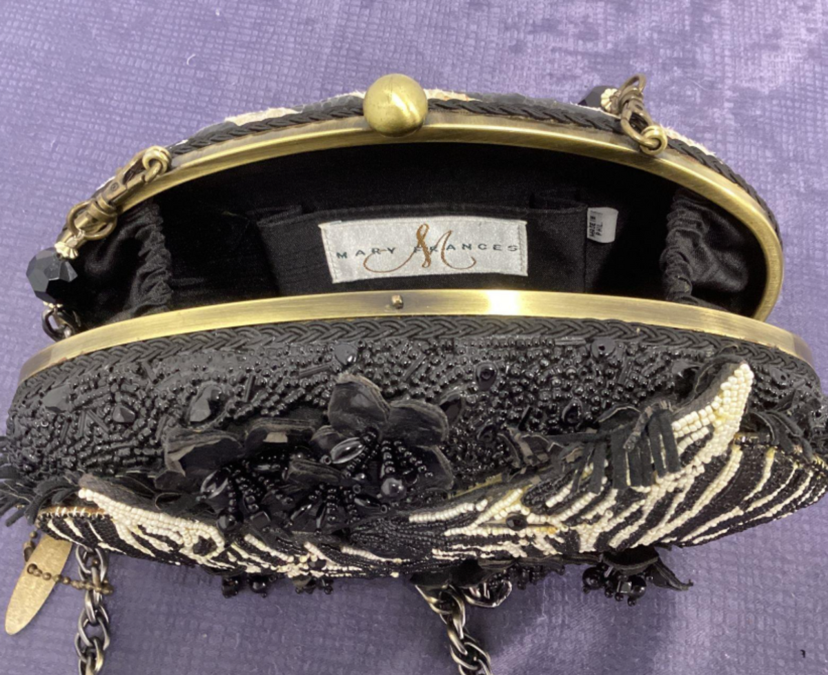 Mary Frances black and white zebra beaded evening clutch with chain strap, view 7