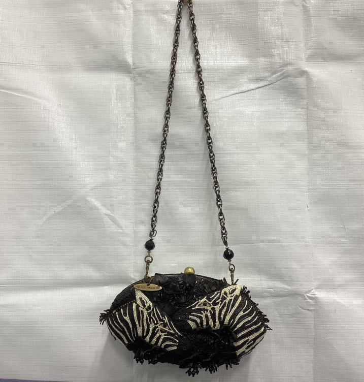 Mary Frances black and white zebra beaded evening clutch with chain strap, view 3