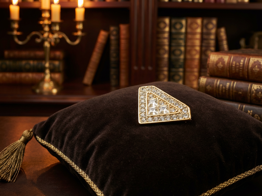 Gold-tone triangle brooch with clear round and square crystals