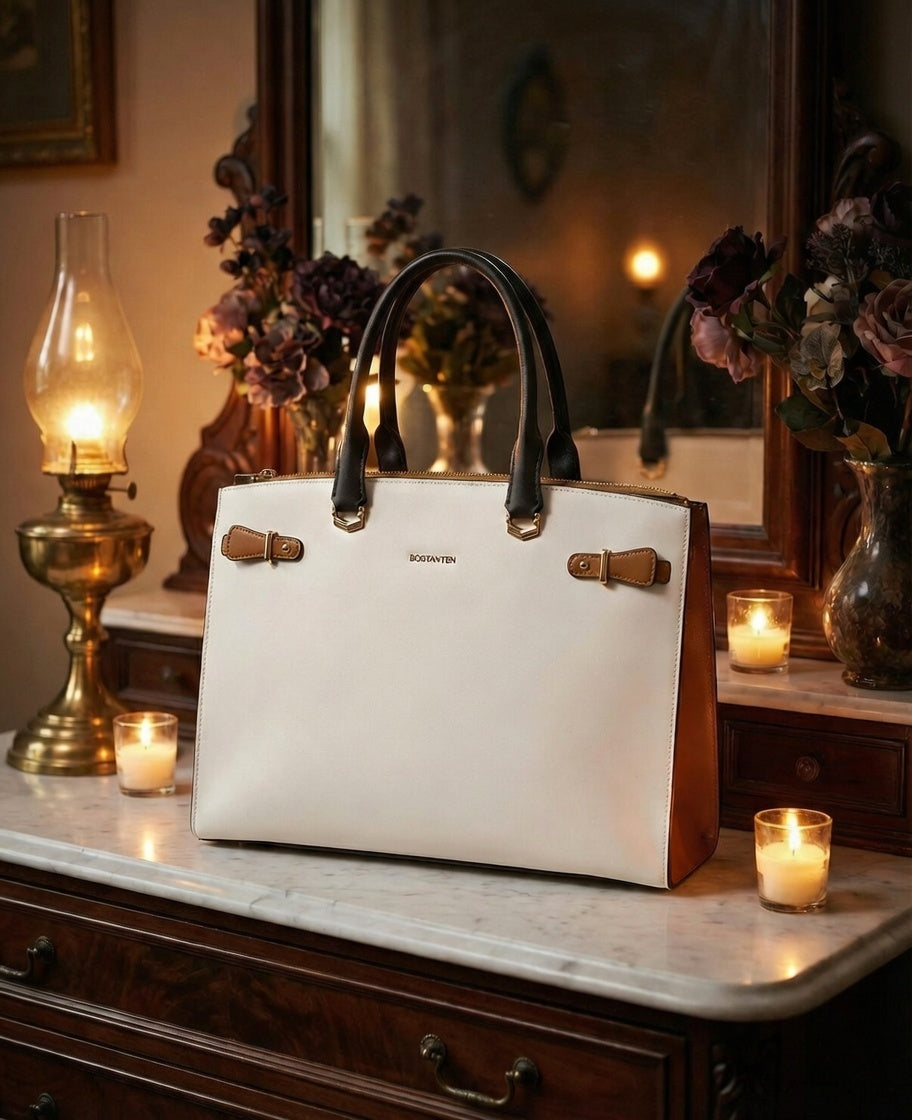 White briefcase-style tote with navy top handles, tan strap accents and zip top