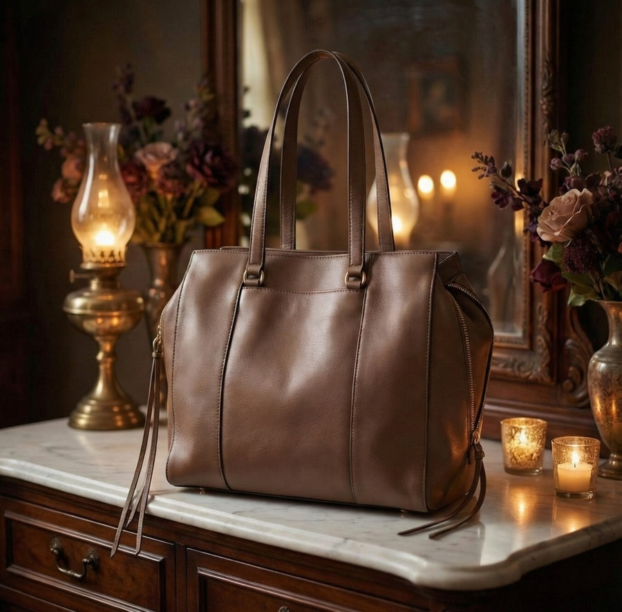 Brown pebbled tote handbag with top handles, zip top and slim side ties