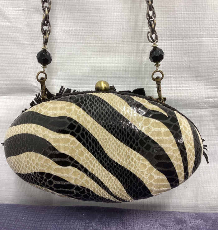 Mary Frances black and white zebra beaded evening clutch with chain strap, view 10