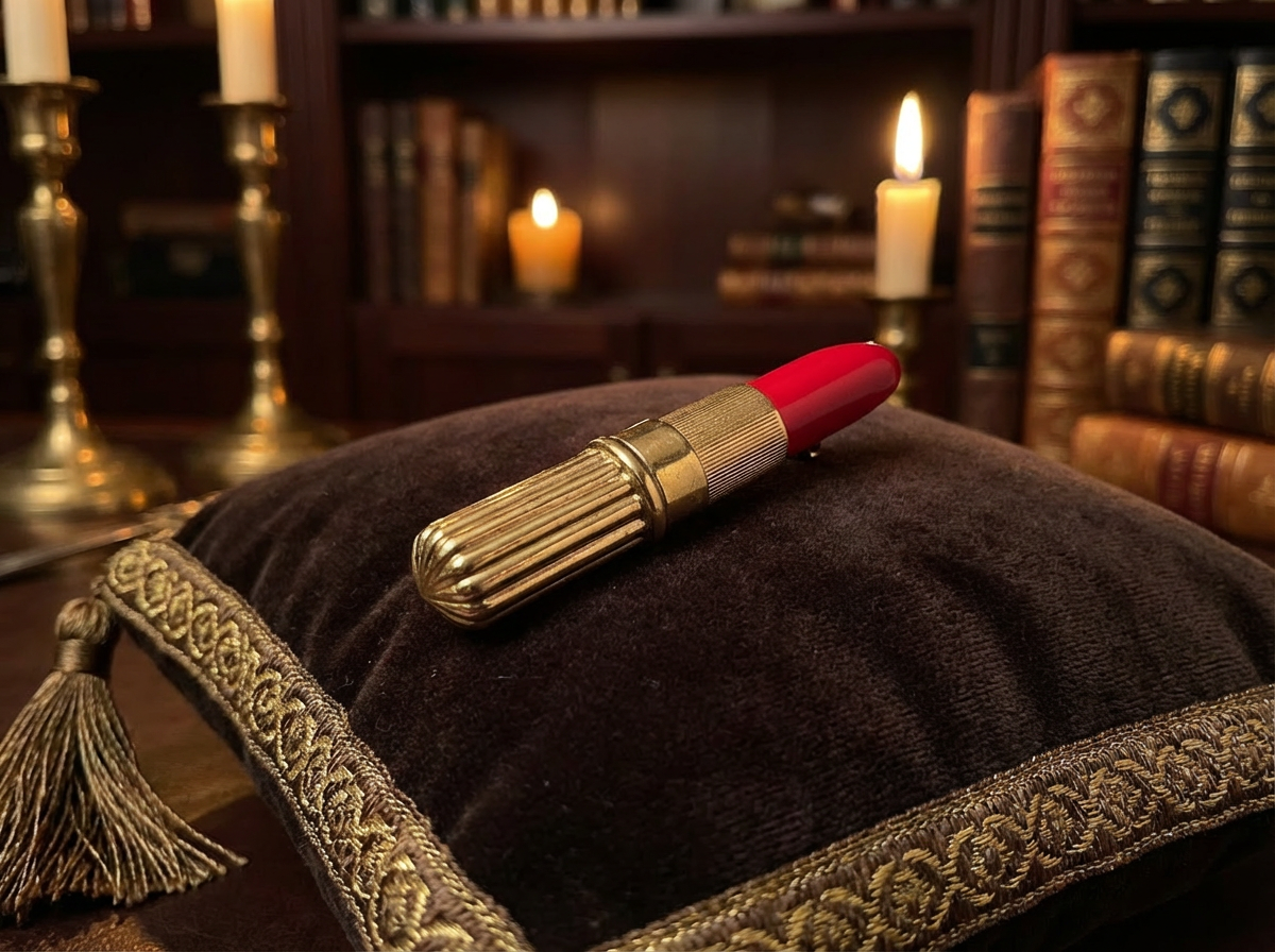 Gold-tone lipstick brooch with red top and ribbed tube