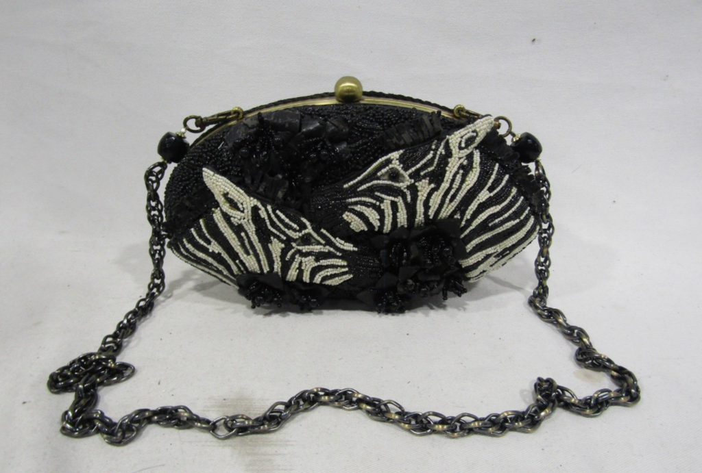 Mary Frances Zebra Beaded Clutch with Chain Strap | Retired Black White Statement Evening Bag