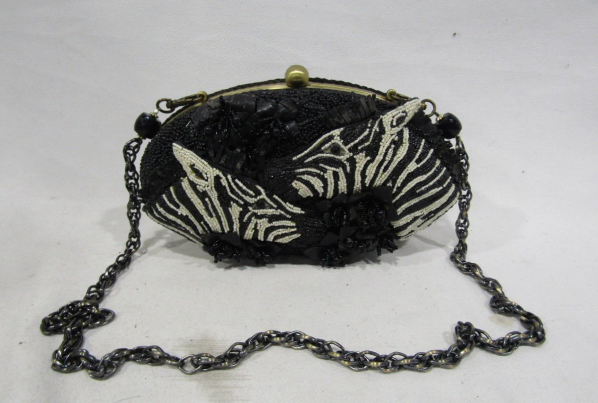 Mary Frances black and white zebra beaded evening clutch with chain strap, view 4