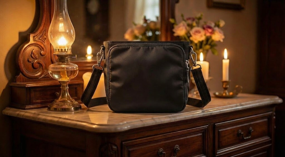 Compact black leather crossbody bag with top zip and adjustable strap