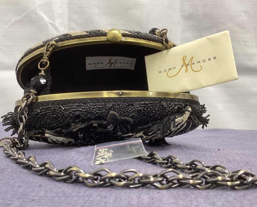 Mary Frances black and white zebra beaded evening clutch with chain strap, view 5