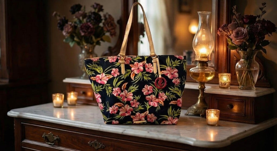 Juicy Couture multicolor floral print tote on a dark ground with gold-tone shoulder straps and charm