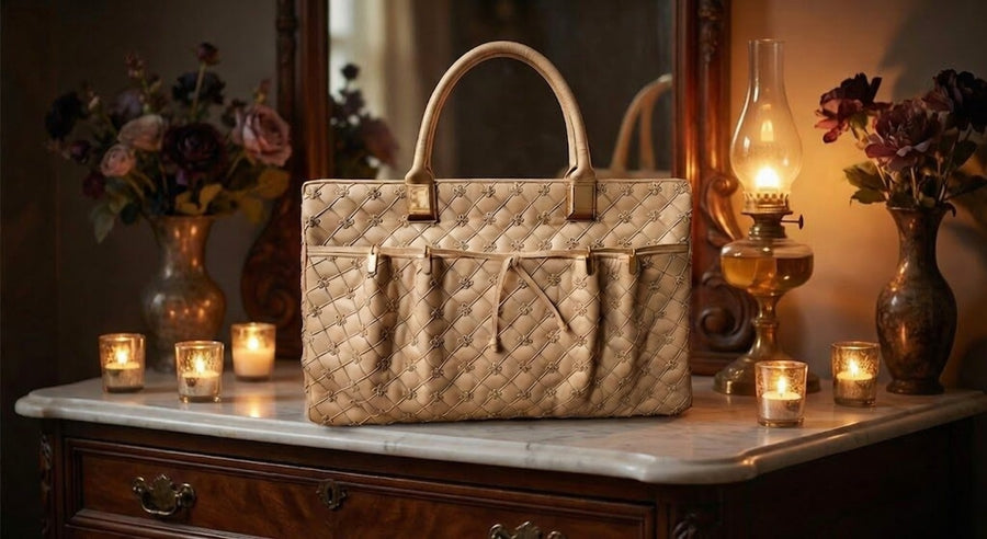 Judith Leiber beige quilted tote with bow detail and top handles