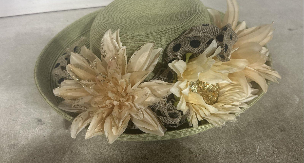 Olive green braided hat with cream fabric flowers and polka dot ribbon, view 3