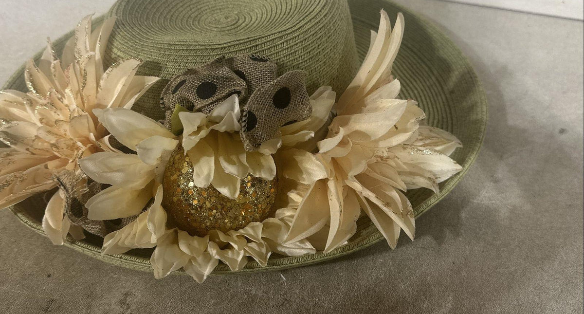Olive green braided hat with cream fabric flowers and polka dot ribbon, view 4