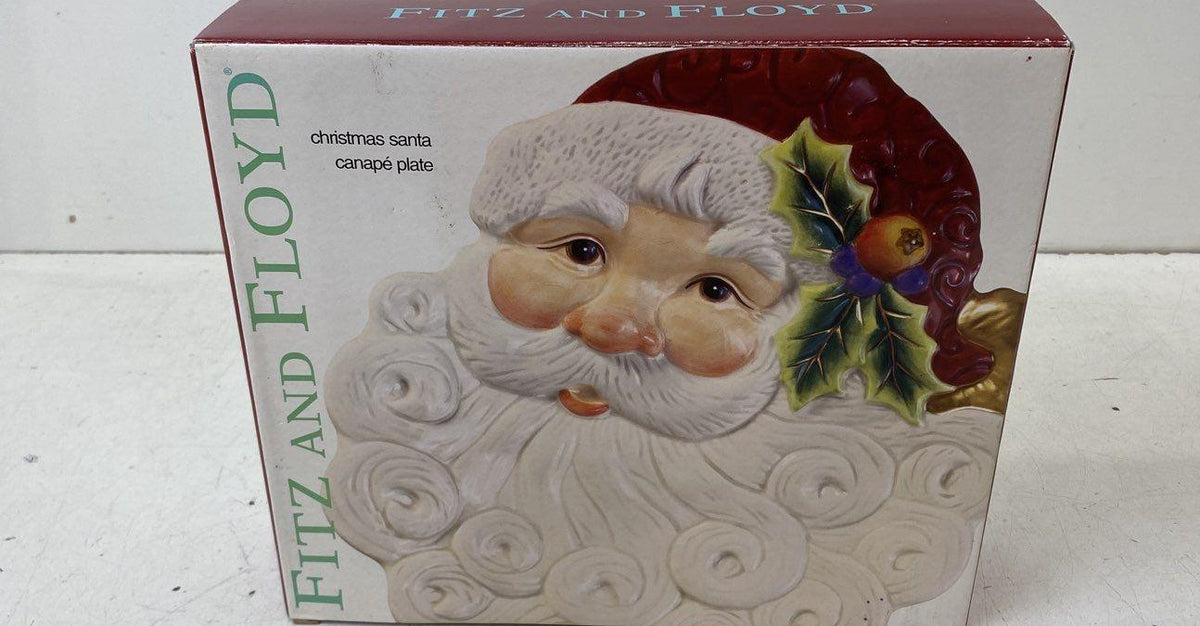Fitz and Floyd Essentials figural Santa canape plate with curly white beard, holly and gold-tone bell, with box, view 4