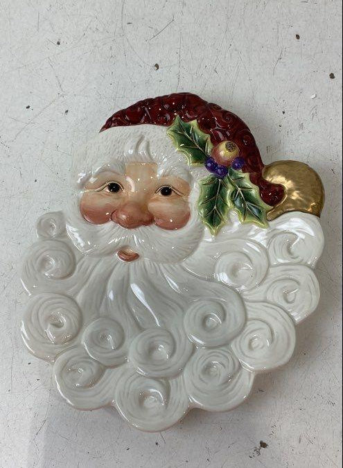 Fitz and Floyd Essentials figural Santa canape plate with curly white beard, holly and gold-tone bell, with box, view 5