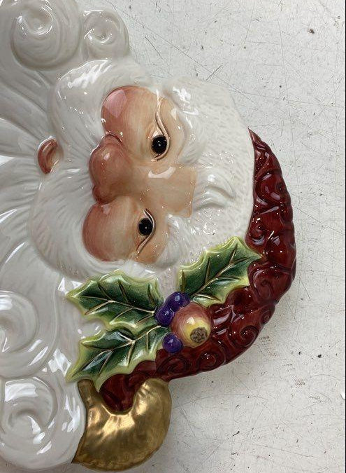 Fitz and Floyd Essentials figural Santa canape plate with curly white beard, holly and gold-tone bell, with box, view 7