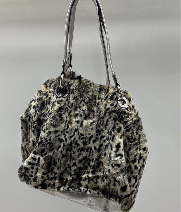 Makowsky gray, black and white leopard print faux fur bucket shoulder bag with silver-tone straps, view 4