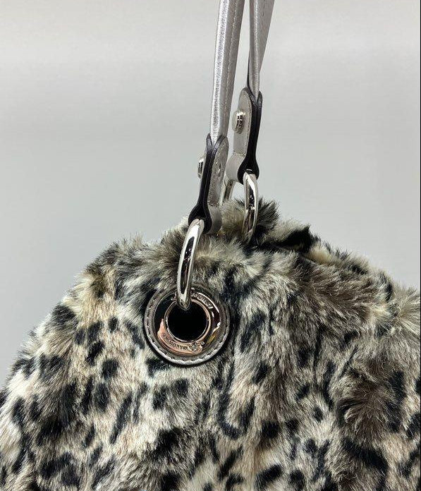 Makowsky gray, black and white leopard print faux fur bucket shoulder bag with silver-tone straps, view 5